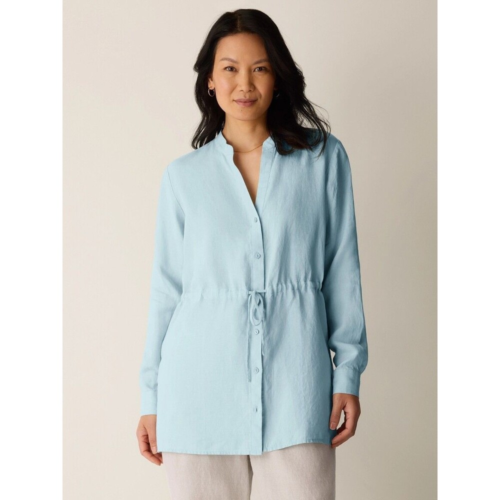 Eileen Fisher Organic Linen Split V-Neck Long Sleeve Cinched Waist Sz 2X